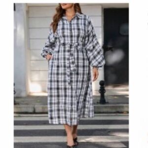 SHEIN Black and White Plaid Dress with Lantern Sleeves & Belt